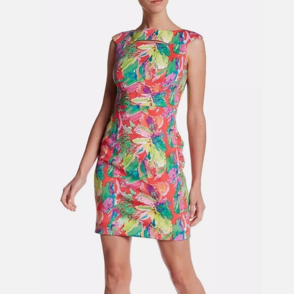 Tahari Rose Citrine Pink Floral Cap Slv Stretch Crepe Sheath Dress